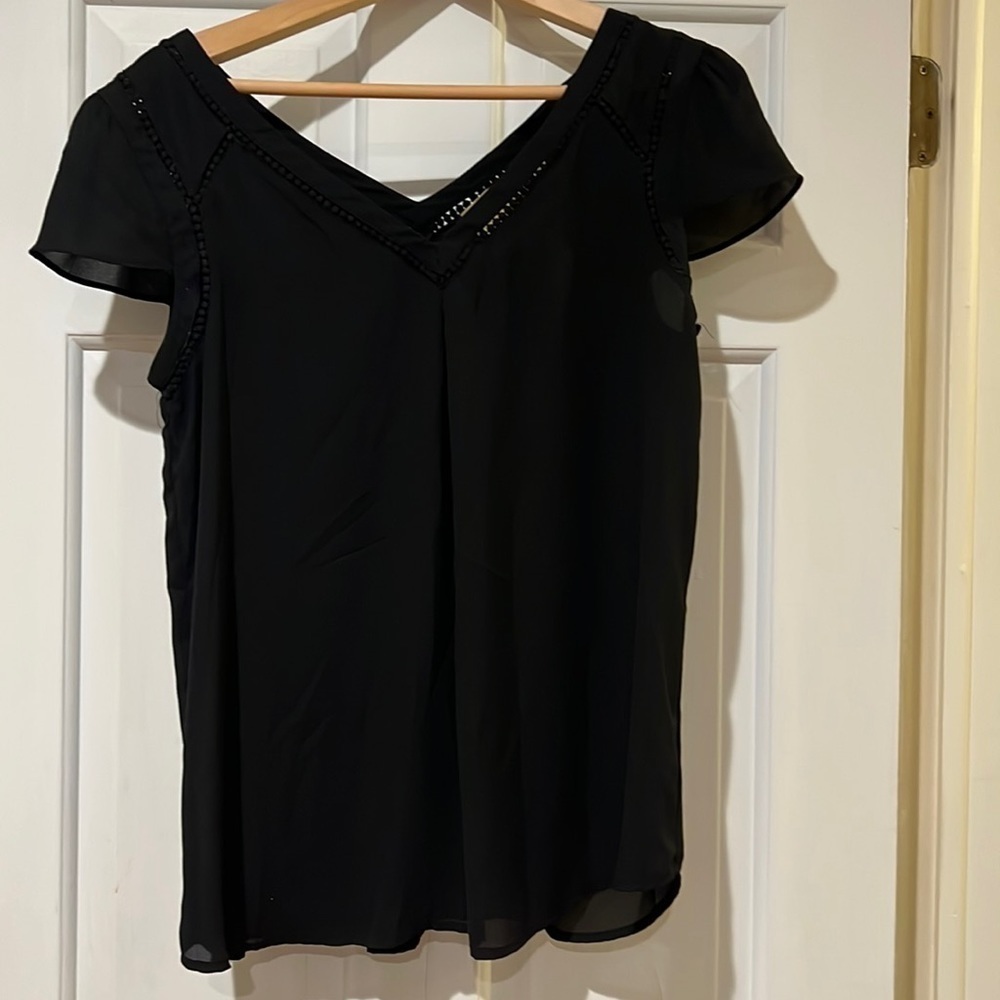 Maeve - Anthropologie Sheer Black Flutter Cap Sleeve Blouse